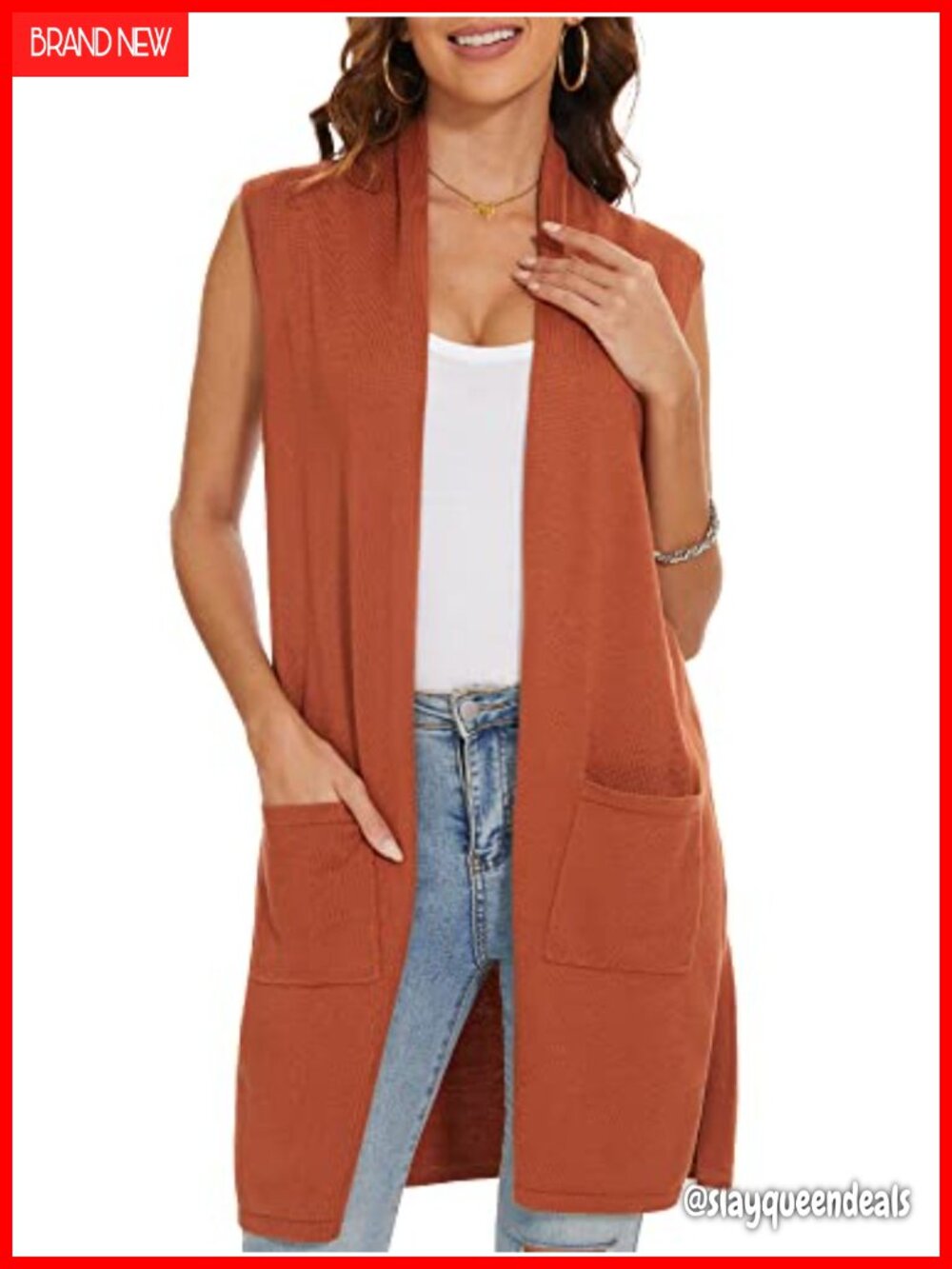 Long Knit Sleeveless Cardigan Vest with Pockets Open Front Lightweight